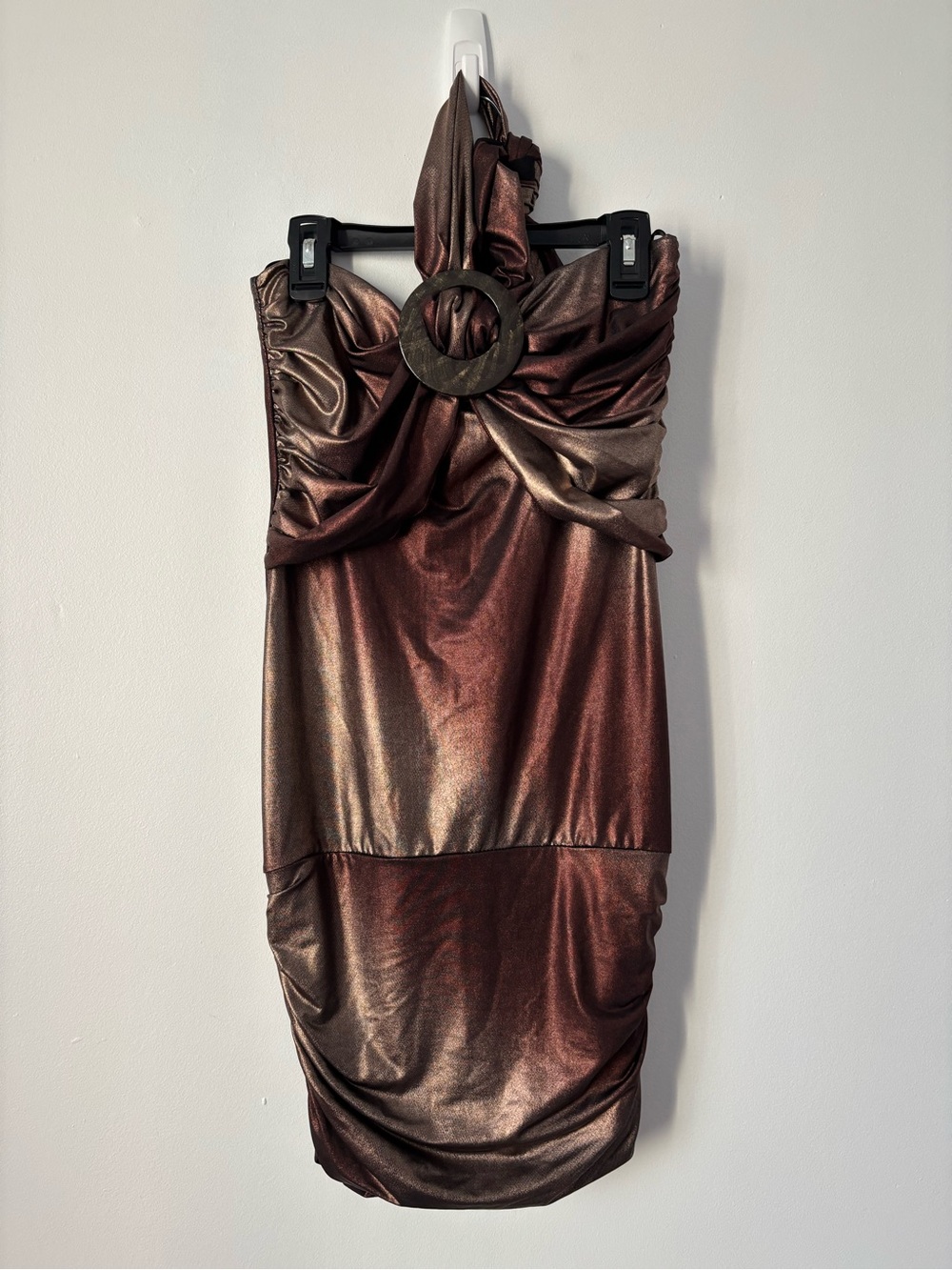 Entry Bronze Metallic Halter Mini Dress with Ring Detail Ruched Bodycon Size S - Picture 2 of 4